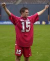 Canada's Richard Hastings celebrates after scoring the winning goal in overtime against Mexico in their Gold Cup quarterfinal match Sunday, Feb. 20, 2000 in San Diego. Canada won the game 2-1 in the first overtime period. Hastings headed to Canada Soccer Hall of Fame. THE CANADIAN PRESS/AP-Denis Poroy