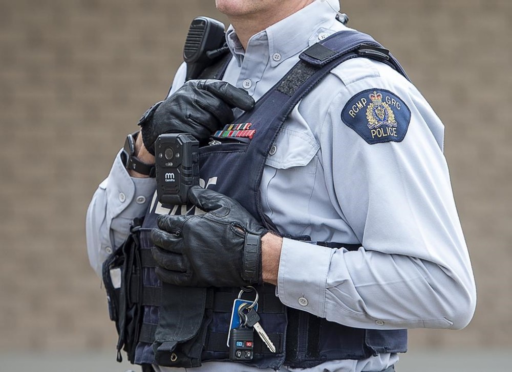An RCMP officer wears a body camera at the detachment in Bible Hill, N.S. on Sunday, April 18, 2021. Alberta plans to require all police services in the province to wear the devices.THE CANADIAN PRESS/Andrew Vaughan