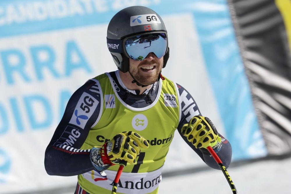 Norway's Aleksander Aamodt Kilde checks his time at the finish area of an alpine ski, men's World Cup super-g race, in Soldeu, Andorra, Thursday, March 16, 2023. (AP Photo/Alessandro Trovati)