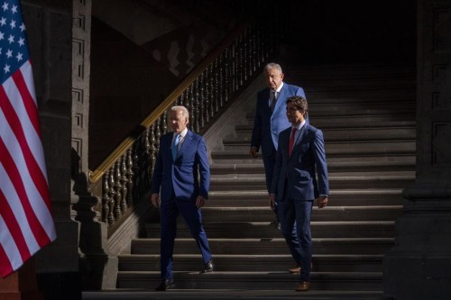 President Joe Biden, Mexican President Andres Manuel Lopez Obrador, and Canadian Prime Minister Justin Trudeau arrive for a news conference at the 10th North American Leaders' Summit at the National Palace in Mexico City, Tuesday, Jan. 10, 2023. U.S. President Joe Biden will spend two days in Canada beginning Thursday to meet with Prime Minister Justin Trudeau and speak to a joint session of Parliament, his first visit north of the border since taking the oath of office in 2021. THE CANADIAN PRESS/AP-Andrew Harnik