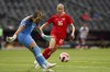 Canada's Janine Beckie (16) pressures Costa Rica's goalkeeper, Daniela Solera during a CONCACAF Women's Championship soccer match in Monterrey, Mexico, Monday, July 11, 2022. Canadian soccer star Janine Beckie is out of this summer's World Cup after tearing the right anterior cruciate in her right knee.THE CANADIAN PRESS/AP, Fernando Llano