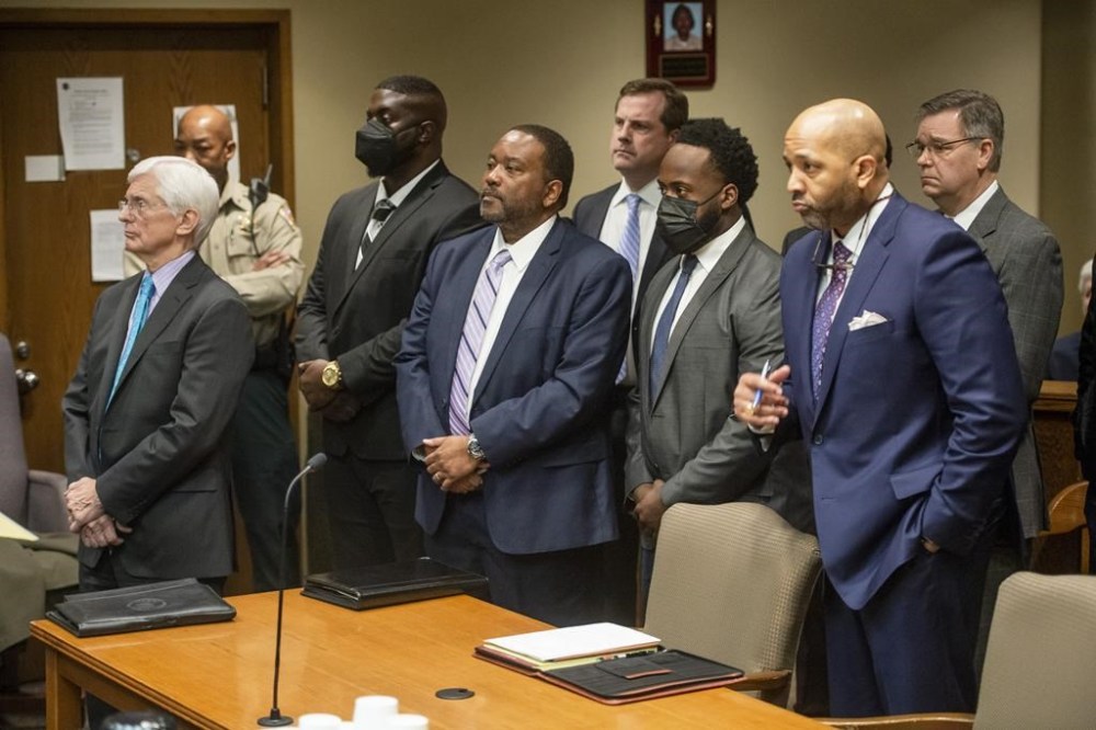 The former Memphis police officers accused of murder in the death of Tyre Nichols appear with their attorneys at an indictment hearing at the Shelby County Criminal Justice Center Friday, Feb. 17, 2023, in Memphis, Tenn. The former police officers pleaded not guilty to second-degree murder and other charges in the violent arrest and death of Nichols, (AP Photo/Brandon Dill)