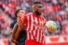 Frankfurt's Tuta, left, and Union's Jordan Siebatcheu battle for the ball during the Bundesliga soccer match between Union Berlin and Eintracht Frankfurt at Stadion An der Alten Forsterei, Berlin, Sunday March 19, 2023. (Andreas Gora/dpa via AP)