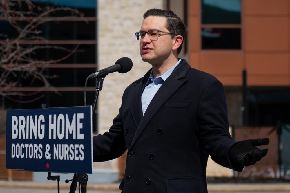 Conservative Leader Pierre Poilievre speaks during a press conference at the Ottawa Children’s Treatment Centre wing of the Children's Hospital of Eastern Ontario in Ottawa, on Sunday, March 19, 2023. THE CANADIAN PRESS/Spencer Colby