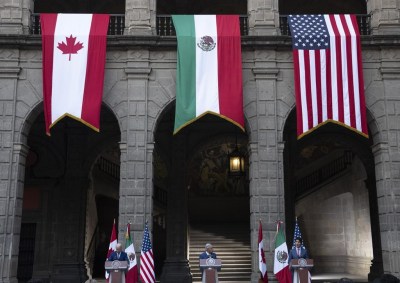 U.S. President Joe Biden and Mexican President Andres Manuel Lopez Obrador listen to Prime Minister Justin Trudeau speak during a joint news conference at the North American Leaders Summit, in Mexico City, Tuesday, Jan. 10, 2023. It’s been less than three years since the U.S.-Mexico-Canada Agreement replaced NAFTA as the law of the land in continental trade, and there are already hints of the existential anxiety that preceded it. THE CANADIAN PRESS/Adrian Wyld