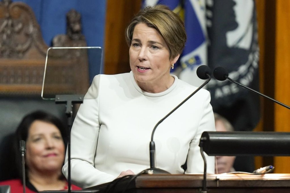 FILE - Massachusetts Gov. Maura Healey delivers her inaugural address in the House Chamber at the Statehouse moments after being sworn into office during inauguration ceremonies, Jan. 5, 2023, in Boston. Healey reminded pharmacies Wednesday, March 22, 2023, that they are required to stock a key abortion pill, despite a nationwide effort by anti-abortion activists to ban the medication. (AP Photo/Steven Senne, File)
