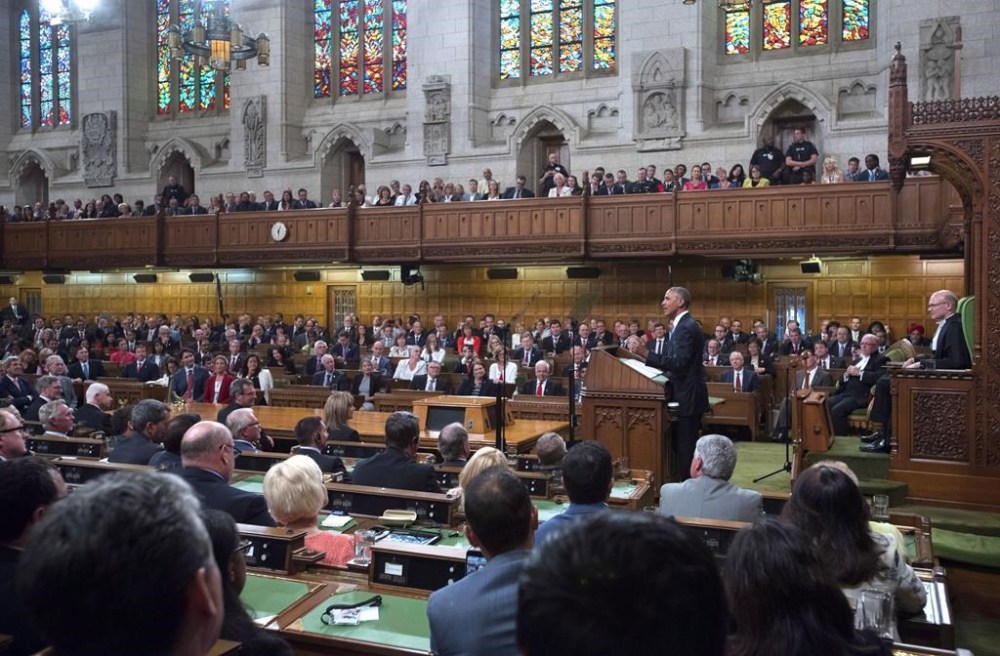 U.S. President Barack Obama addresses Parliament in the House of Commons on Parliament Hill, in Ottawa on Wednesday, June 29, 2016. THE CANADIAN PRESS/Justin Tang