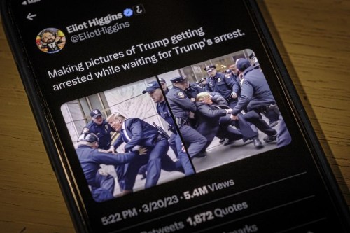 Images created by Eliot Higgins with the use of artificial intelligence show a fictitious skirmish with Donald Trump and New York City police officers posted on Higgins' Twitter account, as photographed on an iPhone in Arlington, Va., Thursday, Mar. 23, 2023. The highly detailed, sensational images, which are not real, were produced using a sophisticated and widely accessible image generator. (AP Photo/J. David Ake)