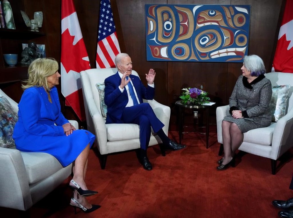 President of the United States Joe Biden and his wife Jill, left, meet with Governor General Mary Simon after their arrival in Ottawa, Thursday, March 23, 2023. THE CANADIAN PRESS/Sean Kilpatrick
