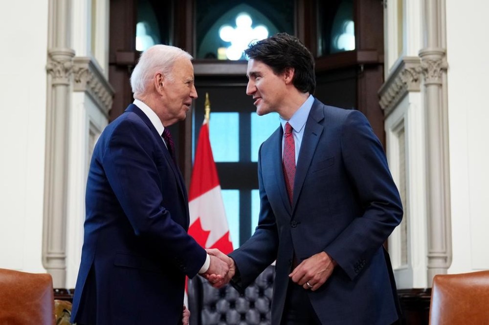 Prime Minister Justin Trudeau and U.S. President Joe Biden take part in a meeting on Parliament Hill, in Ottawa, Friday, March 24, 2023. THE CANADIAN PRESS/Sean Kilpatrick