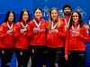 Bronze medalists, Canadian Kerri Einarson, Val Sweeting, Shannon Birchard, Briane Harris and Krysten Karwacki show their medals after the LGT World Women's Curling Championship at Goransson Arena in Sandviken, Sweden, Sunday, March 26, 2023. Canada defeated Sweden 8-5. THE CANADIAN PRESS/AP-TT, Jonas Ekstromer