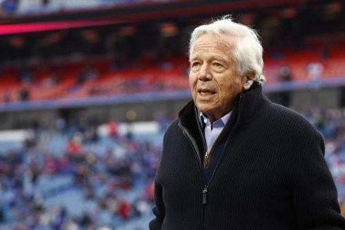 FILE - New England Patriots owner Robert Kraft walks the field during practice before an NFL football game against the Buffalo Bills, Sunday, Jan. 8, 2023, in Orchard Park, N.Y. On Monday, March 27, 2023, Kraft launched a $25-million national ad campaign against antisemitism. (AP Photo/Jeffrey T. Barnes, File)