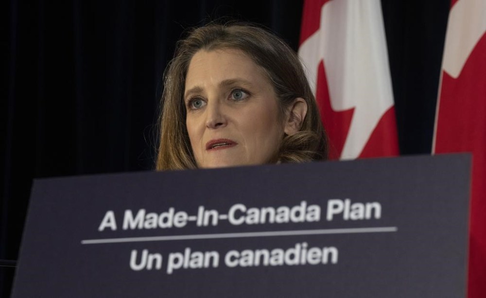 Deputy Prime Minister and Finance Minister Chrystia Freeland speaks during a news conference before delivering the Federal budget, Tuesday, March 28, 2023 in Ottawa. THE CANADIAN PRESS/Adrian Wyld