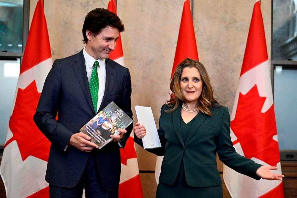 Prime Minister Justin Trudeau and Deputy Prime Minister and Minister of Finance Chrystia Freeland arrive to deliver the federal budget in the House of Commons on Parliament Hill in Ottawa, Tuesday, March 28, 2023. THE CANADIAN PRESS/Justin Tang
