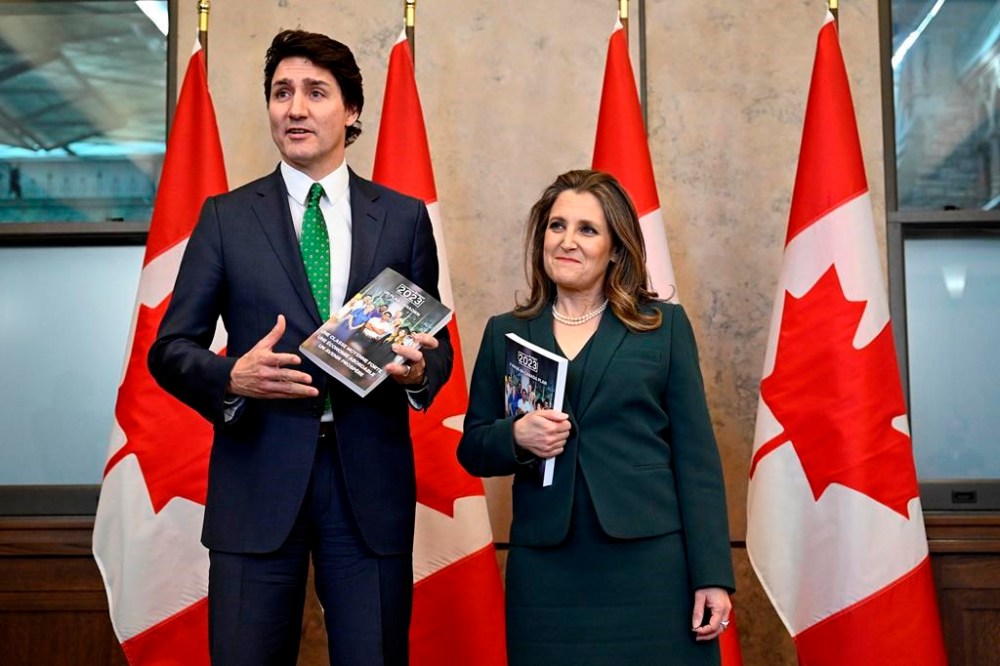 Prime Minister Justin Trudeau and Deputy Prime Minister and Minister of Finance Chrystia Freeland arrive to deliver the federal budget in the House of Commons on Parliament Hill in Ottawa, Tuesday, March 28, 2023. THE CANADIAN PRESS/Justin Tang