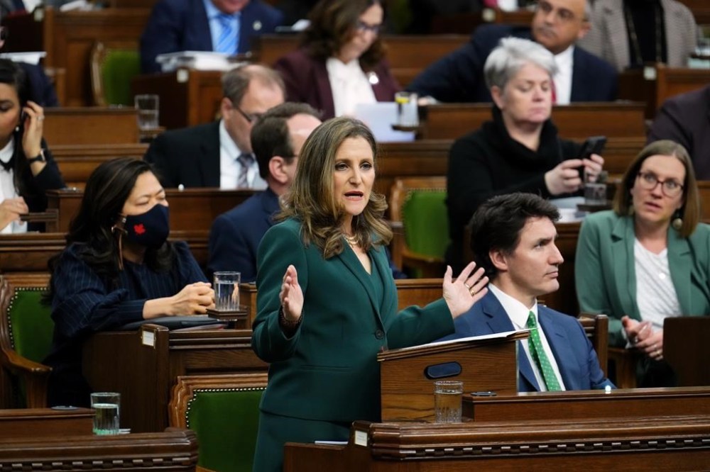 Deputy Prime Minister and Minister of Finance Chrystia Freeland delivers the federal budget in the House of Commons on Parliament Hill in Ottawa, Tuesday, March 28, 2023. The federal Liberals' latest budget announced new spending primarily on the clean economy and health care, but even with the tighter focus, the federal government is projected to continue running deficits over the next five years. THE CANADIAN PRESS/Sean Kilpatrick