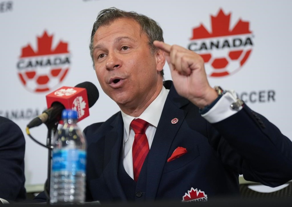 Nick Bontis speaks during a news conference in Vancouver, on Sunday, June 5, 2022. Former Canada Soccer president Nick Bontis and current CONCACAF president Victor Montagliani appear before the Standing Committee on Canadian Heritage as part of its ongoing examination of the labour dispute involving Canada’s nationals teams and their governing body. THE CANADIAN PRESS/Darryl Dyck