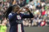 PSG's Kadidiatou Diani celebrates before her goal was cancelled during the women's Champions League soccer quarterfinal second leg soccer match between VfL Wolfsburg and Paris Saint-Germain in Wolfsburg, Germany, Thursday, March 30, 2023. (AP Photo/Martin Meissner)