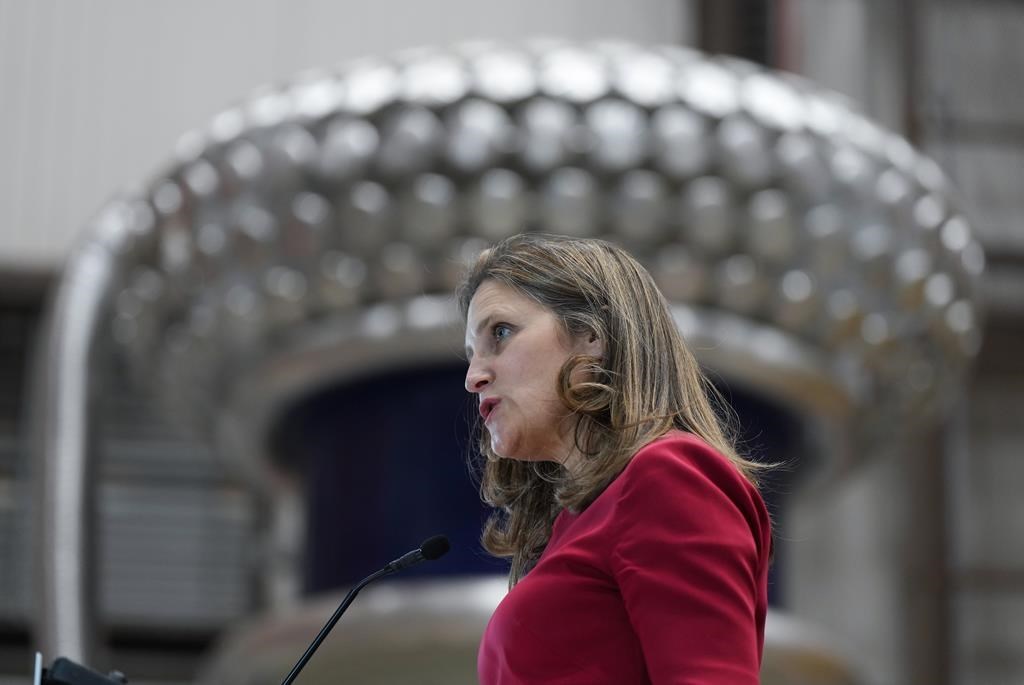 Deputy Prime Minister and Minister of Finance, Chrystia Freeland, speaks during a news conference at Powertech Labs, in Surrey, B.C., on Thursday, March 30, 2023. Freeland insists the government's projected $1.3-billion drop in foreign aid spending does not amount to a cut. THE CANADIAN PRESS/Darryl Dyck