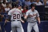 Detroit Tigers' Kerry Carpenter, right, celebrates with teammate Spencer Torkelson after scoring against the Tampa Bay Rays during the sixth inning of a baseball game Saturday, April 1, 2023, in St. Petersburg, Fla. (AP Photo/Scott Audette)