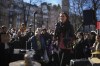 Finnish Prime Minister Sanna Marin addresses supporters during a campaign rally in Helsinki, Finland, Saturday, April 1, 2023. A parliamentary election in Finland on Sunday is shaping up as an extremely close race between three parties as Prime Minister Sanna Marin's Social Democrats fight to secure a second term running the government. (AP Photo/Sergei Grits)