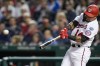 Washington Nationals' Ildemaro Vargas breaks his bat as he hits a single during the third inning of a baseball game against the Tampa Bay Rays at Nationals Park, Monday, April 3, 2023, in Washington.(AP Photo/Alex Brandon)