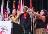 Canadian R&B singer Jully Black (centre) was honoured at an AFN Special Chiefs Assembly in Ottawa, Monday, April 3, 2023 for making an appreciated tweak to the Canadian national anthem at the NBA All-Star Game in Salt Lake City, Utah in February. Black was presented with an eagle feather and wrapped with a blanket during a Blanketing Ceremony by AFN Knowledge Keepers and National Chief RoseAnne Archibald. THE CANADIAN PRESS/AFN-Fred Cattroll **MANDATORY CREDIT **