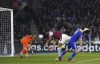 Leicester City's Jamie Vardy, right, has a shot at goal, during the English Premier League soccer match between Leicester City and Aston Villa, at the King Power Stadium, in Leicester, England, Tuesday April 4, 2023. (Tim Goode/PA via AP)
