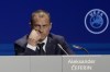 President of UEFA Aleksander Ceferin listens to questions during a news conference, after being reelected, at the end of the 47th ordinary UEFA congress in Lisbon, Wednesday, April 5, 2023. (AP Photo/Armando Franca)