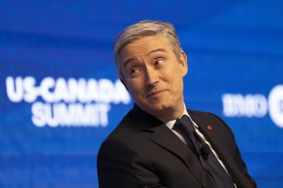 Minister of Innovation, Science and Industry, Francois-Philippe Champagne attends a US-Canada summit hosted by the Eurasia Group, in Toronto on Tuesday, April 4, 2023. Champagne has signed a memorandum of understanding with Heidelberg Materials to help with construction of a carbon capture and storage facility. THE CANADIAN PRESS/Chris Young