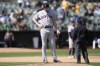 Cleveland Guardians pitcher Tim Herrin reacts after Oakland Athletics' Jesus Aguilar hit a three-run home run during the eighth inning of a baseball game in Oakland, Calif., Wednesday, April 5, 2023. (AP Photo/Jeff Chiu)