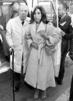 FILE - In this April 20, 1980 file photo, Argentine writer Jorge Luis Borges, accompanied by his secretary Maria Kodama, arrives in Madrid, Spain to receive the Spanish literary prize 