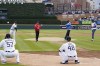 From left, Detroit Tigers designated hitter Miguel Cabrera, Nicklas Lidstrom, Calvin Johnson and Benn Wallace throw out the ceremonial first pitch before a baseball game against the Boston Red Sox, Thursday, April 6, 2023, in Detroit. (AP Photo/Carlos Osorio)