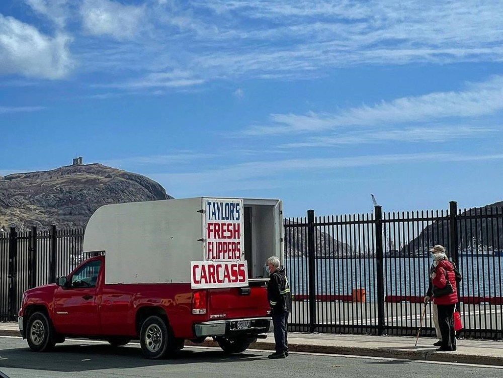 Reg Taylor sells seal flippers from the back of his truck, as shown here in this April 2021 handout image, along the St. John's harbour each year, and sometimes there are lineups for his product as Easter approaches. THE CANADIAN PRESS/HO-Dave Sullivan
**MANDATORY CREDIT **