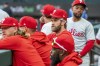 Philadelphia Phillies' Bryce Harper sits in the dugout during an opening day baseball game against the Texas Rangers, Thursday, March 30, 2023, in Arlington, Texas. (AP Photo/Jeffrey McWhorter)