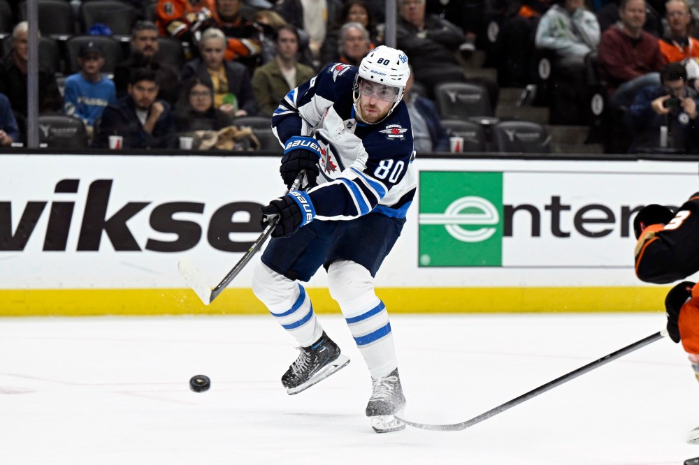 Winnipeg Jets left wing Pierre-Luc Dubois shoots against the Anaheim Ducks during the second period. (AP Photo/Alex Gallardo)