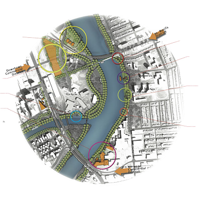A marina north of Provencher Boulevard on the Red. A plaza on the east side of Esplanade Riel and the development of restaurants/businesses facing the river on the south end of the St. Mary Road bridge, facing the river.