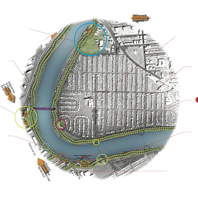 A pedestrian/bike bridge across the Red in Norwood at Lyndale Drive Park, scenic lookouts at Churchill Drive, Lyndale Drive and a community paddling/kayak launch along Churchill Drive.