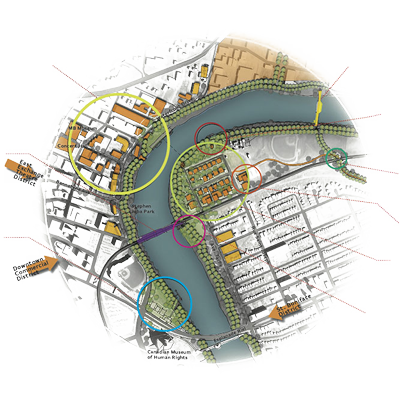 A year-round voyageur-themed riverfront trail linking Fort Gibraltar to The Forks, a pedestrian/bike bridge over the existing rail line linking Waterfront Drive to North Tache/Whittier Park, waterfront plaza at the Alexander Docks, a voyageur-themed park facing the river off South Tache.