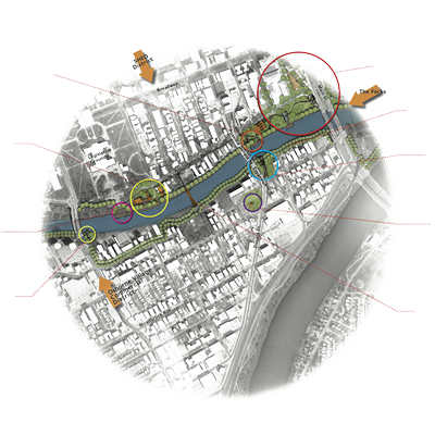 A restaurant overlooking the legislative grounds on the Assiniboine, a waterfront plaza at the Governor's Landing, a permanent dock at the Osborne Village Landing for summer and winter access. A bridge crossing from north of the Assiniboine to Fort Rouge Park.