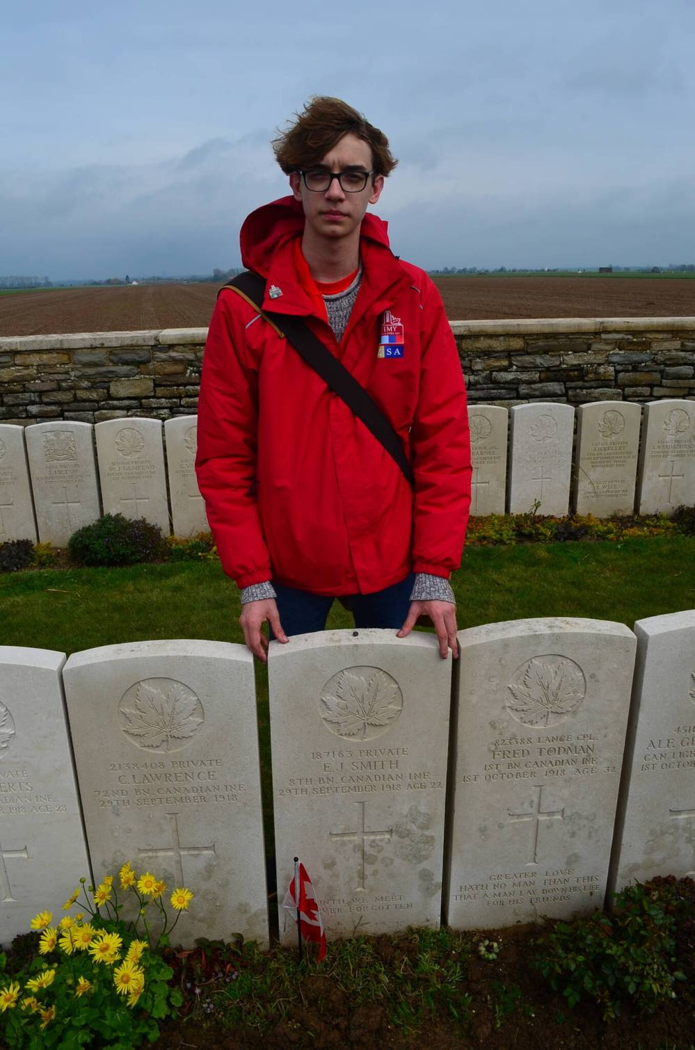 SUPPLIED
Aidan Nowicki visited the Sancourt British Cemetery in Nord, France on April 6, to lay a pebble on the gravesite of Private Ernest James Smith. The rock came from Smith’s family home in Winnipeg.