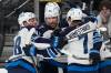 Winnipeg Jets right wing Blake Wheeler celebrates after scoring against the Vegas Golden Knights during the third period of Game 1 of an NHL hockey Stanley Cup first-round playoff series Tuesday in Las Vegas. (AP Photo/John Locher)