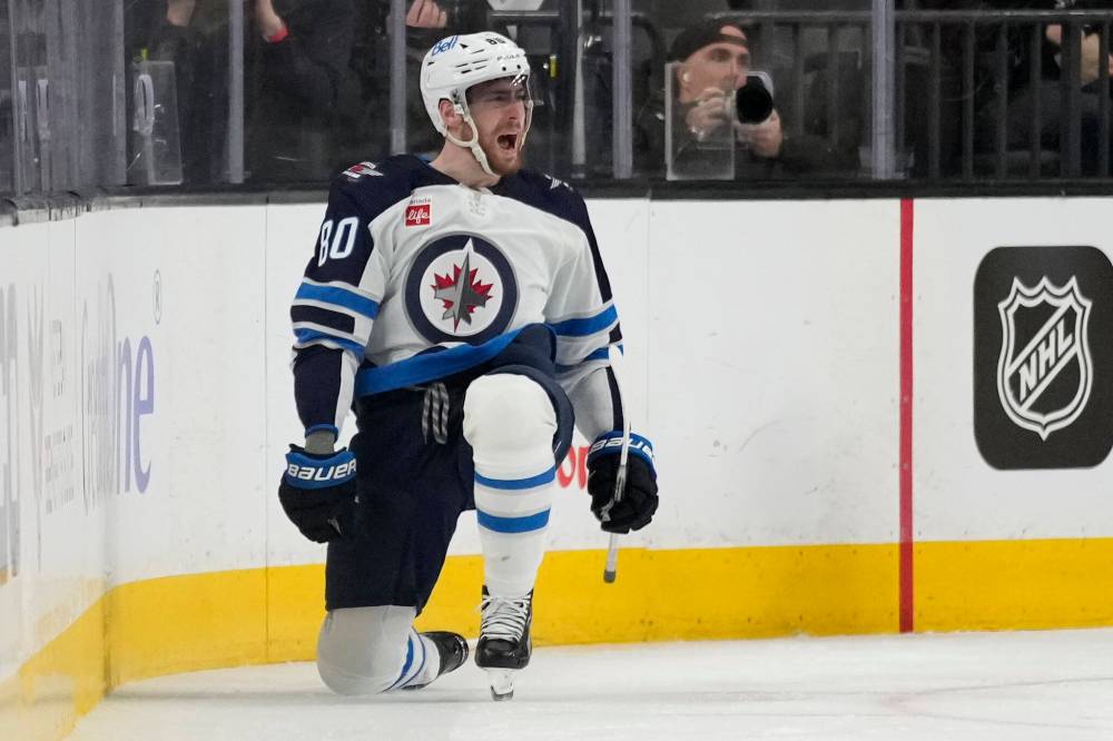 Winnipeg Jets’ Pierre-Luc Dubois celebrates after scoring against the Vegas Golden Knights during the second period. (AP Photo/John Locher)