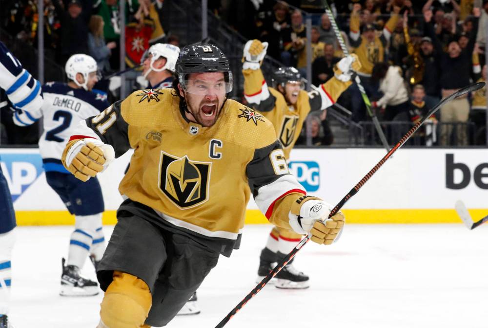 (Steve Marcus/Las Vegas Sun via AP)
Vegas Golden Knights right wing Mark Stone celebrates his second goal against the Winnipeg Jets in the third period of Game 2 in their first-round playoff series Thursday, in Las Vegas.