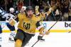 Vegas Golden Knights right wing Mark Stone (61) celebrates his second goal against the Winnipeg Jets in the third period of Game 2 in an NHL hockey Stanley Cup first-round playoff series Thursday in Las Vegas. (Steve Marcus / Las Vegas Sun / The Associated Press)
