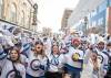 JESSICA LEE / WINNIPEG FREE PRESS
 From left: Clara Sydor, Senna Laflamme, Nikki Slywchuk, Nathan Powell (in red hat), Emily Riesz and Ronald Johnson (second row) cheer for the Winnipeg Jets at a Whiteout party Saturday.