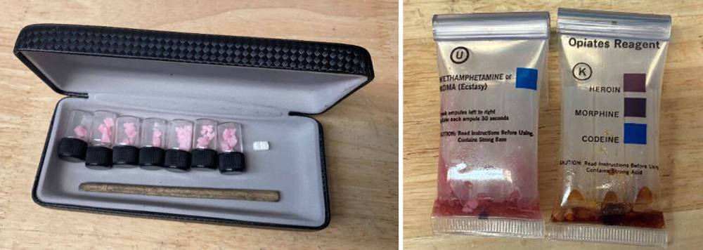RCMP HANDOUT
A box containing seven vials of a purple “unknown crystal-like powder substance” was turned over to RCMP. A field test on the substance (right) indicated the presence of an opioid.