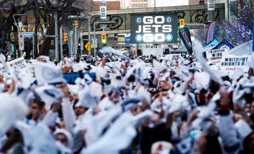 John Woods/Winnipeg Free Press
                                Winnipeg fans celebrate at a Whiteout Party during the Winnipeg Jets play-off game against the Vegas Golden Knights in Winnipeg on Monday.