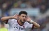 Bologna's Riccardo Orsolini celebrates after scoring his side's second goal during the Italian Serie A soccer match between Atalanta and Bologna at the Gewiss Stadium in Bergamo, Italy, Saturday, April 8, 2023. (Spada/LaPresse via AP)