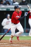 Cleveland Guardians' Myles Straw watches his RBI double off Seattle Mariners starting pitcher Marco Gonzales during the fifth inning of a baseball game Saturday, April 8, 2023, in Cleveland. (AP Photo/Ron Schwane)